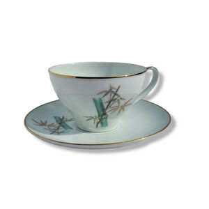 Vintage Noritake Japan Green Gold Oriental Pattern Bamboo 2 Tea Cup Saucer 60s‎